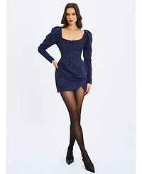 Miss Circle Women's Denise Navy Tweed Ruched Puff Sleeve Mini Dress