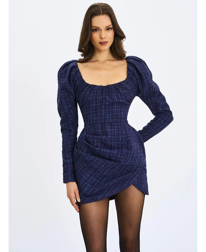 Miss Circle Women's Denise Navy Tweed Ruched Puff Sleeve Mini Dress