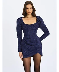 Miss Circle Women's Denise Navy Tweed Ruched Puff Sleeve Mini Dress