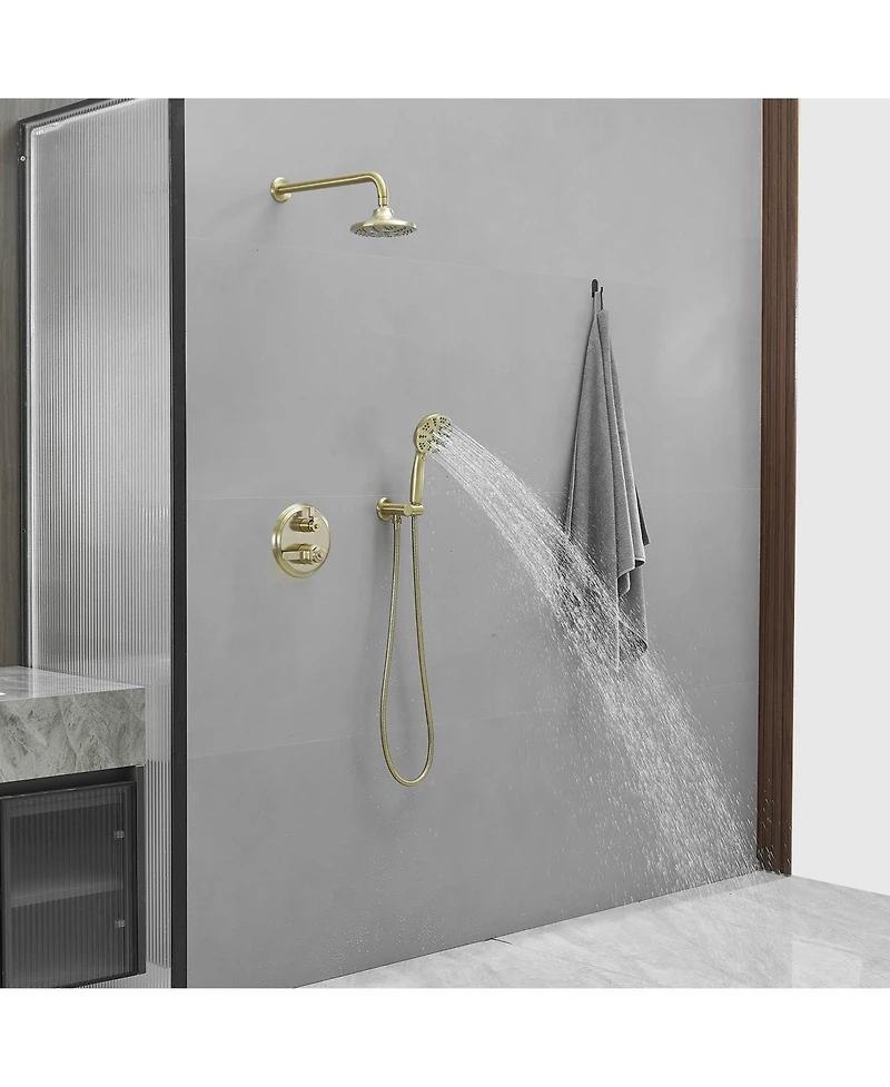 Greenspring Single Handle 2-Spray Shower Faucet Set 1.8 Gpm with Valve Dual Function Handheld Shower Head in Brushed Gold.