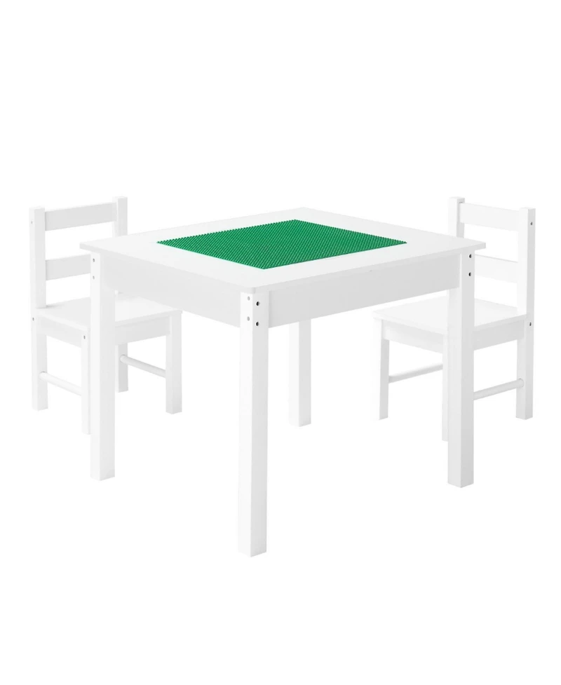 Mecale Kids Activity Table & 2 Chairs Set, Double-Sided Blocks Tabletop w/ Storage, Ages 3+, White