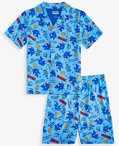 Sonic Hedgehog Boys' 4-10 Button-Down Short Pajamas, 2-Piece Set