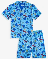 Sonic Hedgehog Boys' 4-10 Button-Down Short Pajamas, 2-Piece Set