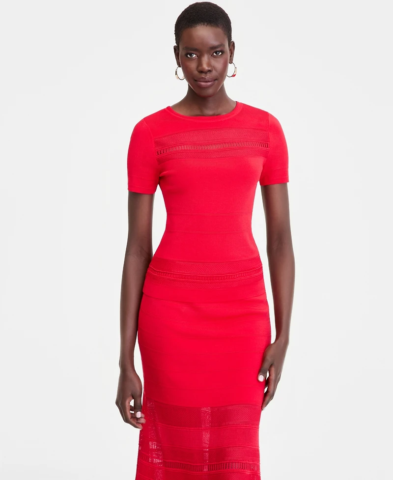 I.n.c. International Concepts Women's Short Sleeve Pointelle Stripe Sweater