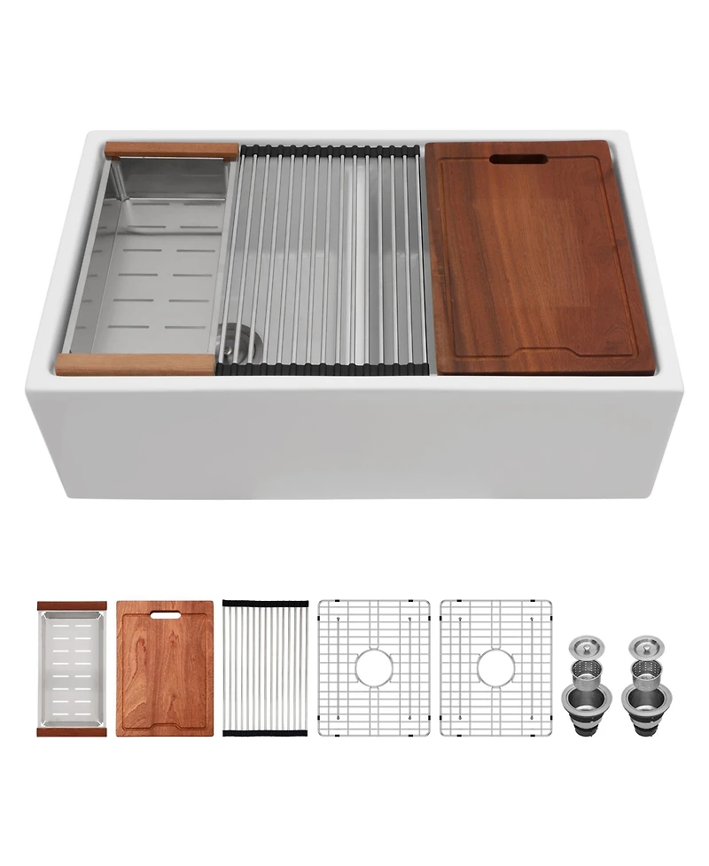 flynama 33x20x10inch White Porcelain Ceramic Double Bowl Farmhouse Workstation Kitchen Sink with Full Accessories