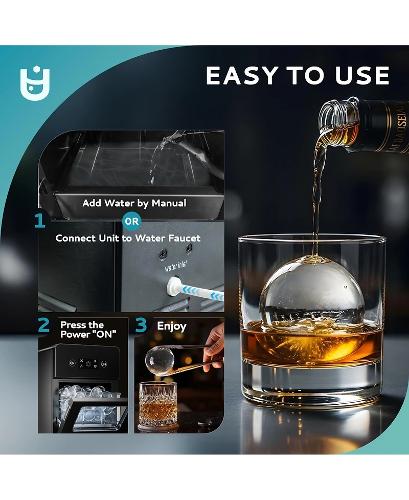 Euhomy 22Lbs/24H Countertop Craft Ball Shaped Ice Maker Machine in Black with 5.5lbs Ice Storage