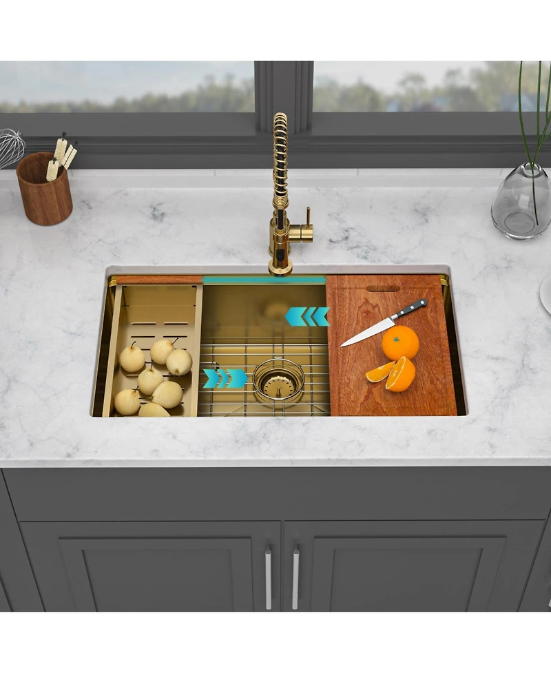 flynama 30x19x10inch Undermount Gold Kitchen Sink Workstation Stainless Steel 16 Gauge Deep Bowl