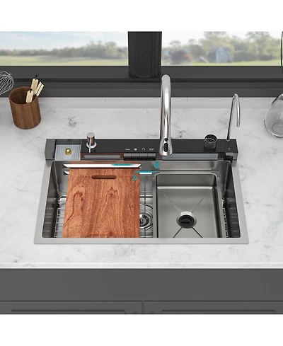 flynama 30x19x9inch Multifunction Single Bowl 16 Gauge T304 Stainless Steel Ledge Workstation Smart Top Mount Waterfall Kitchen Sink