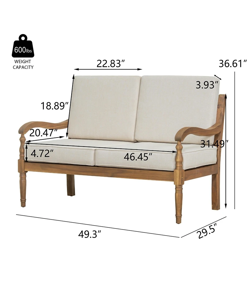 Mondawe Outdoor Acacia Wood Loveseat With Cushions, Natural Finish With Beige Fabric