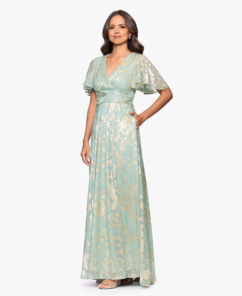 Betsy & Adam Women's Foil Print V-Neck Gown