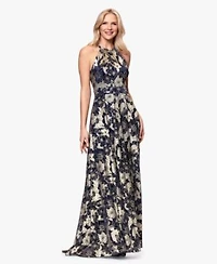 B A By Betsy Adam Womens Halter Neck Wrap Foil Gown
