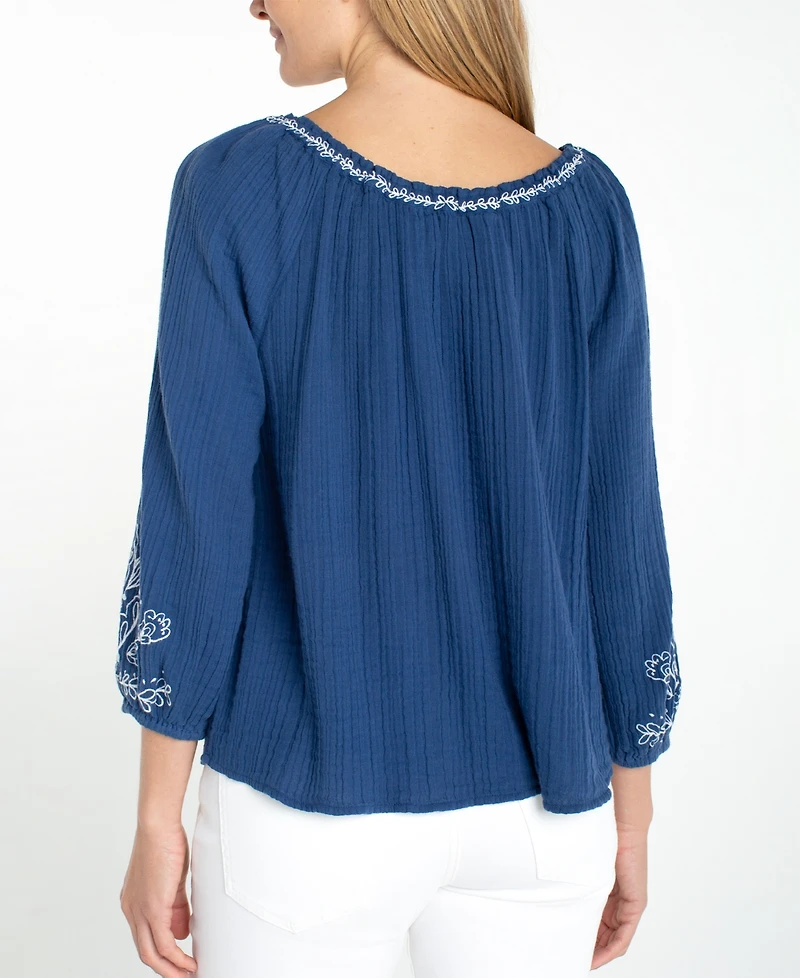 Liverpool Los Angeles Women's Off-The-Shoulder Embroidered Woven Top