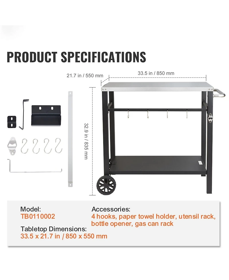 Outdoor Grill Dining Cart, Double Shelf, Stainless Steel Top, 2 Wheels, Carry Handle, Food Prep Table