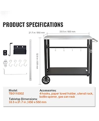 Outdoor Grill Dining Cart, Double Shelf, Stainless Steel Top, 2 Wheels, Carry Handle, Food Prep Table