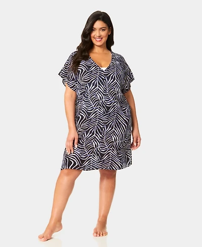 Anne Cole Plus Size Printed V-Neck Swim Tunic Cover Up
