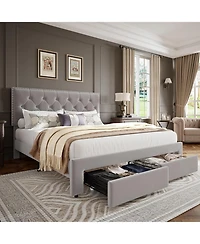King Velvet Storage Bed with 2 Drawers, Tufted Wingback Headboard, Wood Slats, Noise-Free Support, No Box Spring, Beige