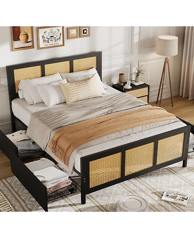 gaomon Queen Size Rattan Bed Frame with Headboard, Boho Cane Platform Bed with 4 Storage Drawers, Strong Metal Slat Support