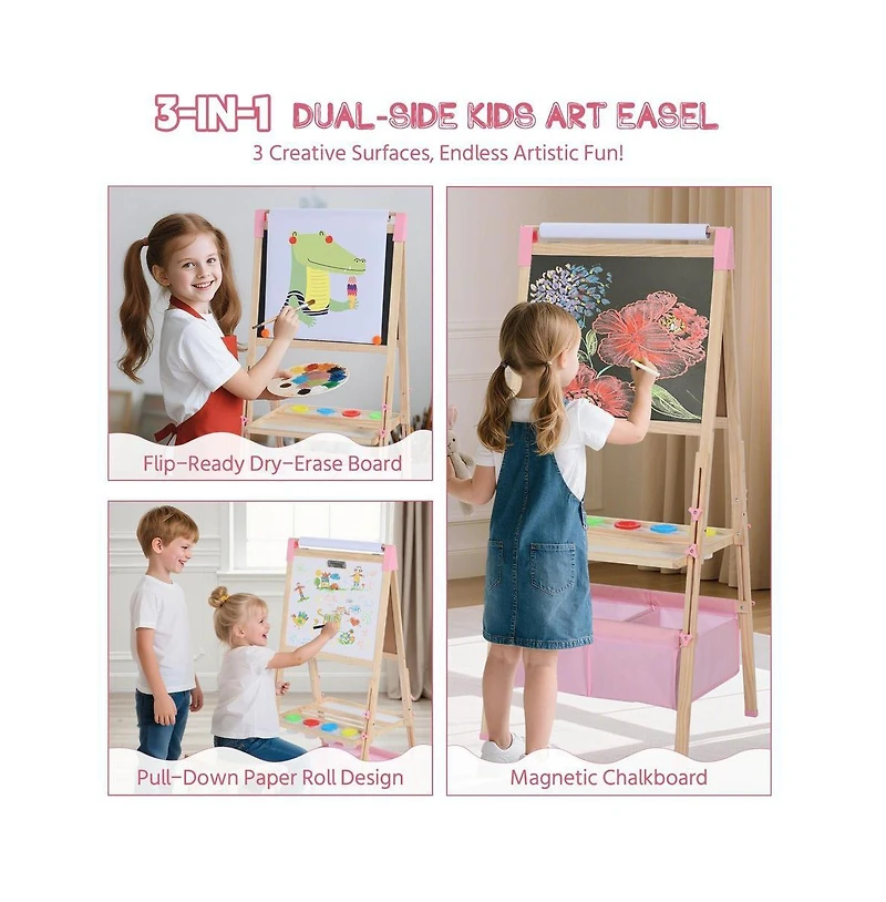 Kinder King 3 in 1 Kids Art Easel Set, Dual-Sided Art Station w/Whiteboard & Chalkboard