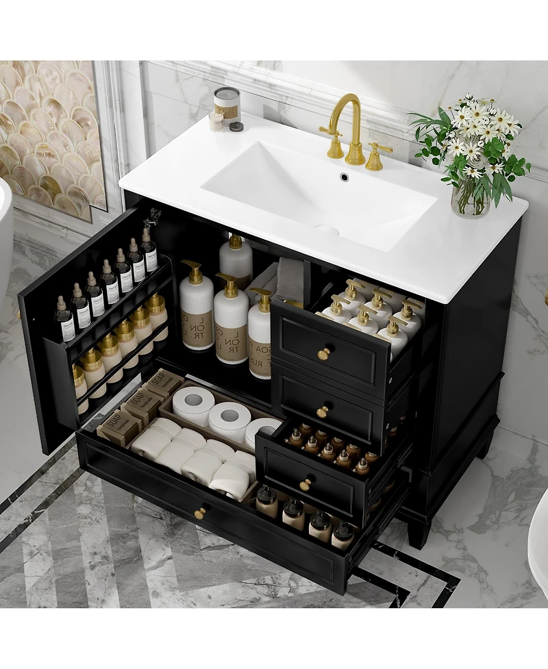 Cesicia 36 in. Freestanding Bathroom Vanity Cabinet with Ceramic Sink, Mdf and Solid Wood Base, 3 Drawers Shelves, 4 Faucet Holes