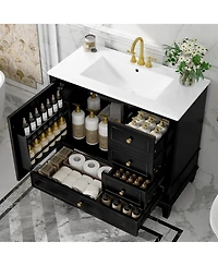 Cesicia 36 in. Freestanding Bathroom Vanity Cabinet with Ceramic Sink, Mdf and Solid Wood Base, 3 Drawers Shelves, 4 Faucet Holes