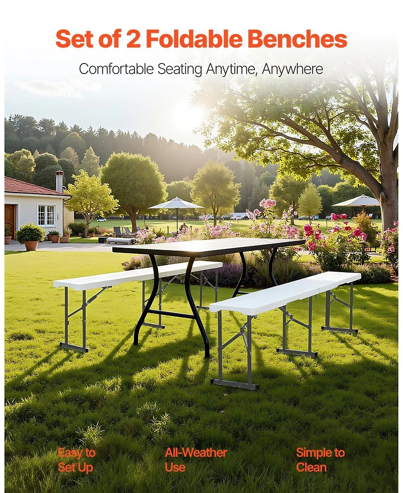Mecale Plastic Folding Bench, 6 ft Portable Foldable Hdpe Bench for Indoor Outdoor Picnic, Patio, Camping and Events, 2 Pack, White