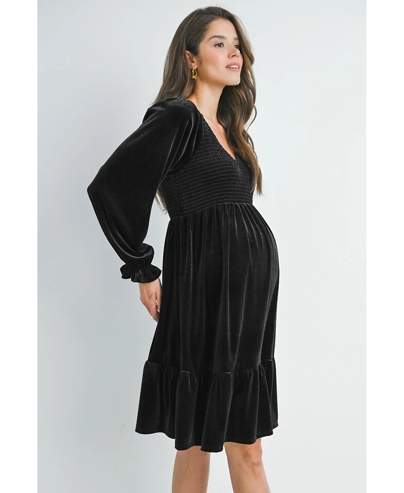 Hello Miz Maternity Smocked V Neck Long Sleeve Velvet Dress