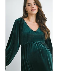 Hello Miz Maternity Smocked V Neck Long Sleeve Velvet Dress
