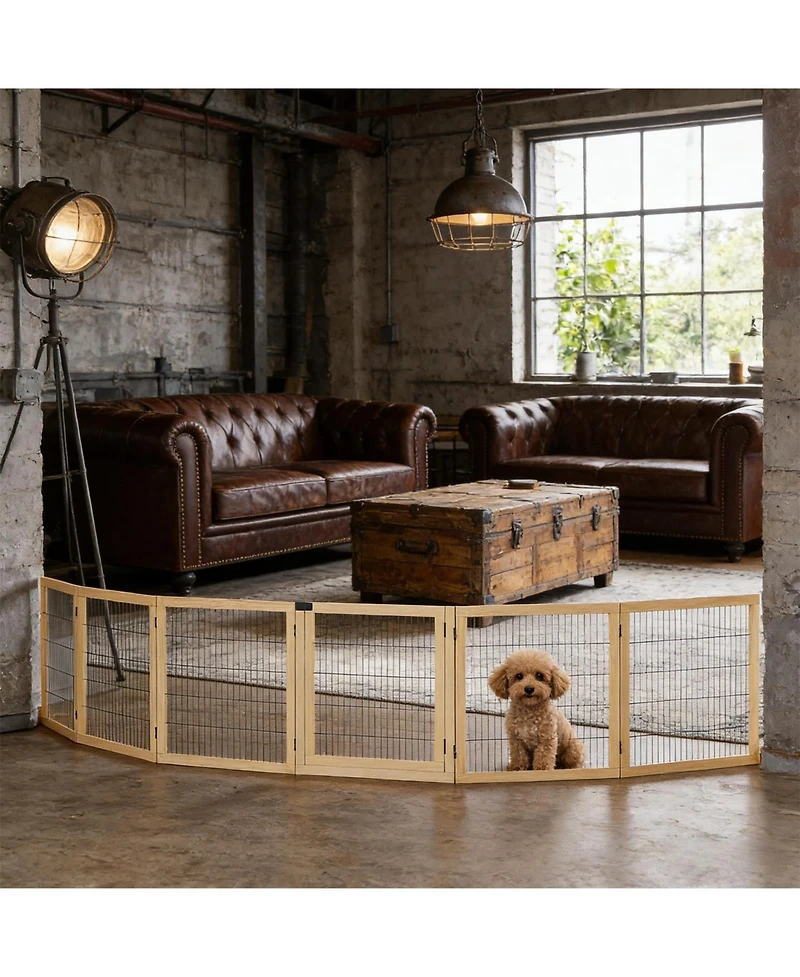 Aostirmotor 6-Panel Folding Dog Gate in Natural Wood