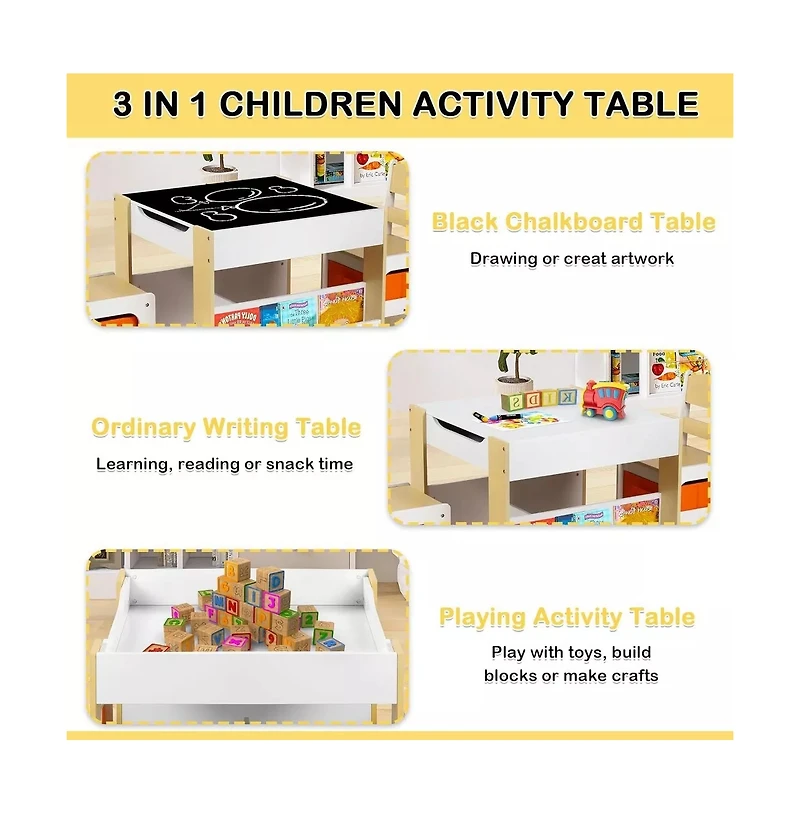 Kinder King 3-in-1 Kids Activity Table and 2 Chairs Set with Storage, Removable Top and Chalkboard