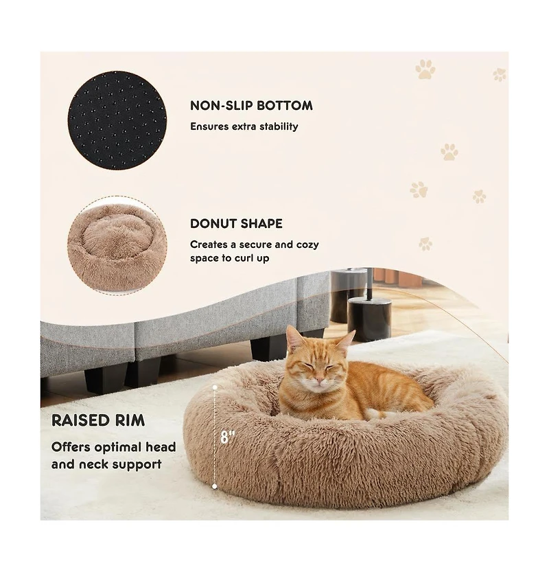 Zeus & Ruta 37 Inch Anti Slip Round Fluffy Faux Fur Cat Bed
