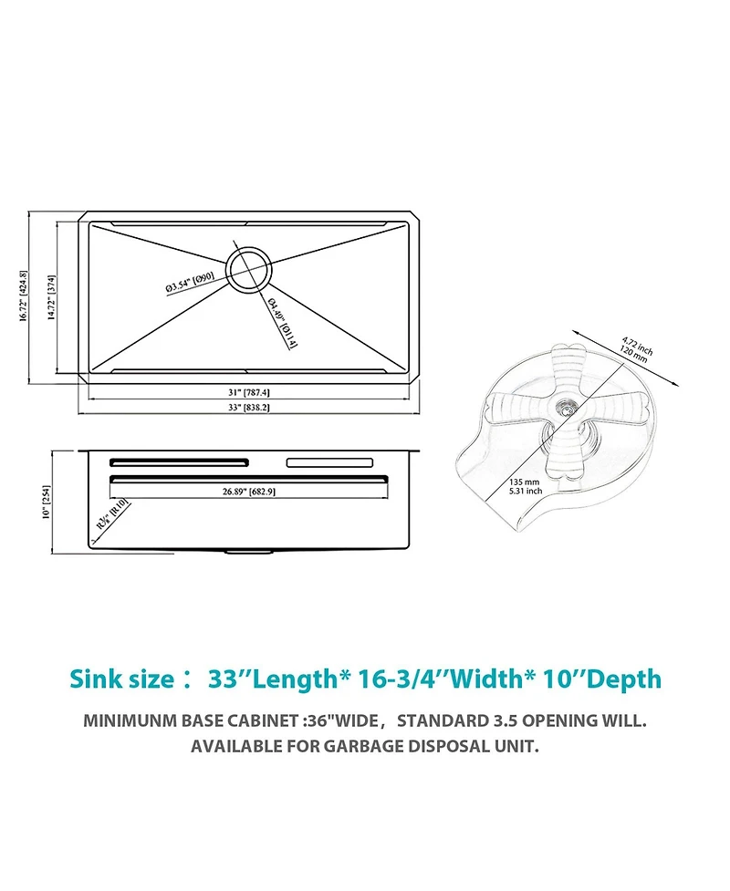 flynama 33x16.72x10inch Undermount Gunmetal Black Waterfall Kitchen Sink Stainless Steel Workstation