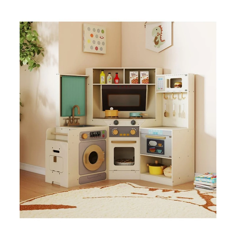 Hongge Kids Corner Wooden Play Kitchen with Realistic Cooking Features and Storage
