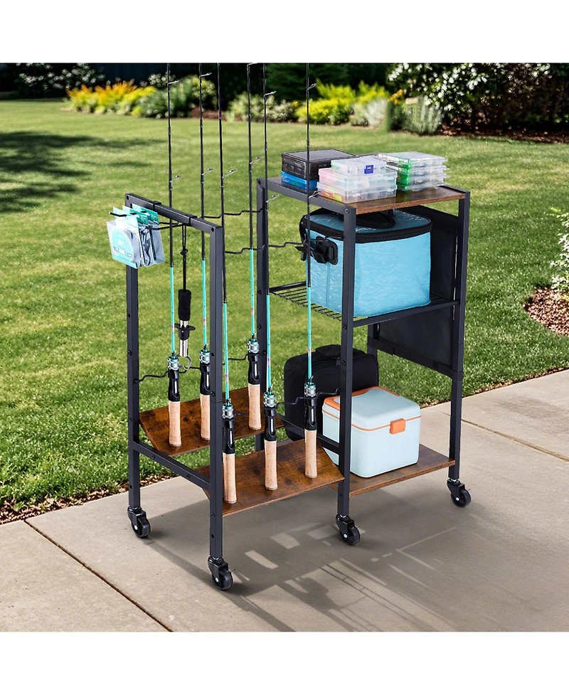 Mecale Fishing Rod Holder, 12-Rod Mobile Pole Rack Cart with Wheels for Garage or Home Fishing Gear Storage