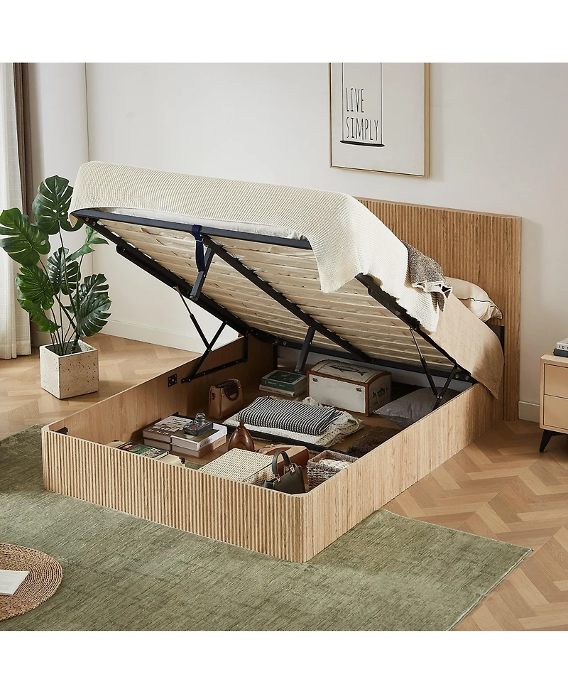 Boyel Living Queen Lift-Up Storage Bed Frame with Hydraulic System, Wooden Corrugated Curved Lines.