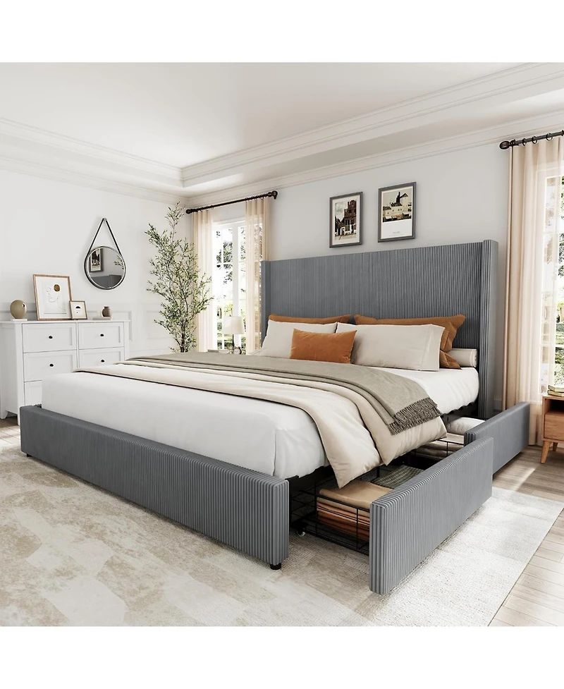gaomon Upholstered Platform Bed Frame with Storage Drawers, Corduroy Wingback Tufted Headboard and Footboard