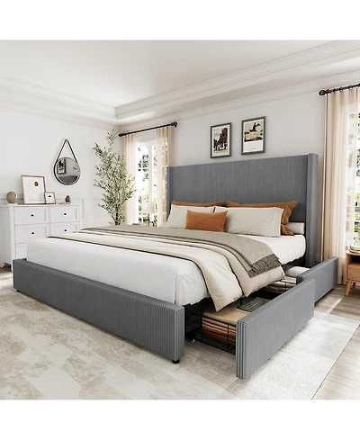 gaomon Upholstered Platform Bed Frame with Storage Drawers, Corduroy Wingback Tufted Headboard and Footboard