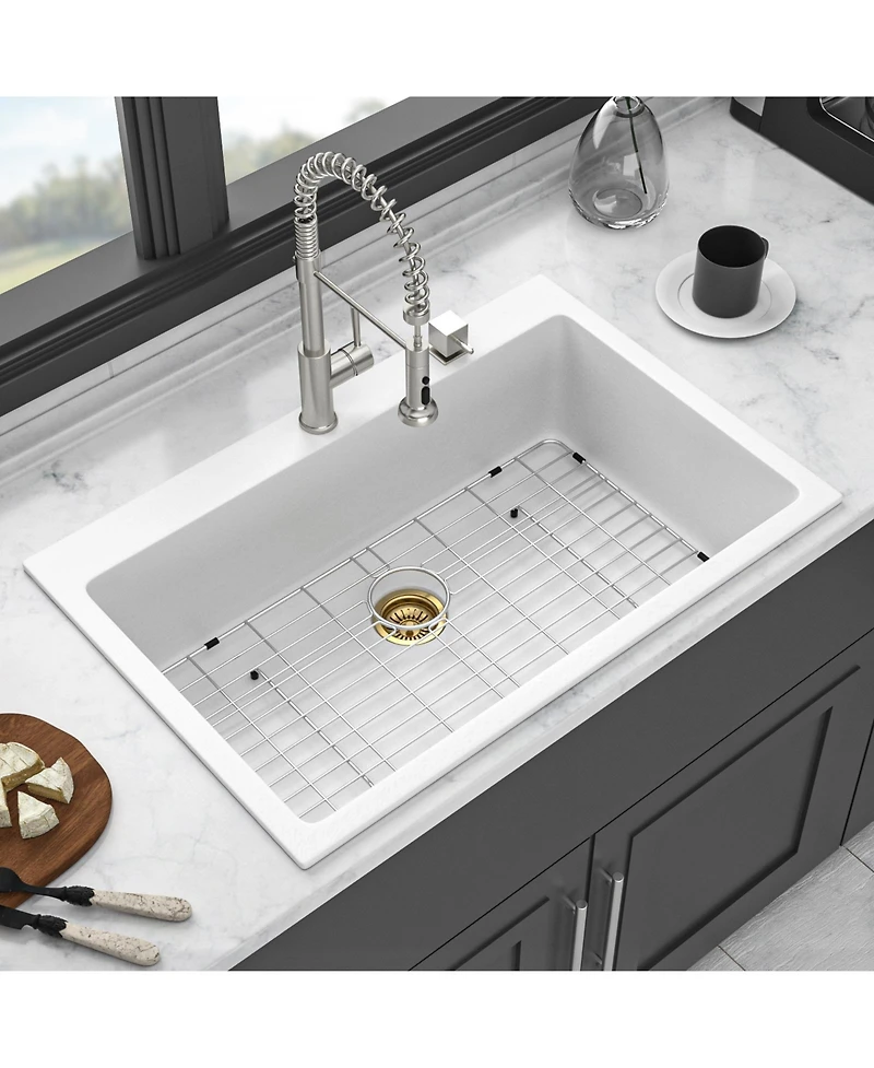 flynama Granite Composite Drop-in Quartz Kitchen Sink with Complete Accessory Set