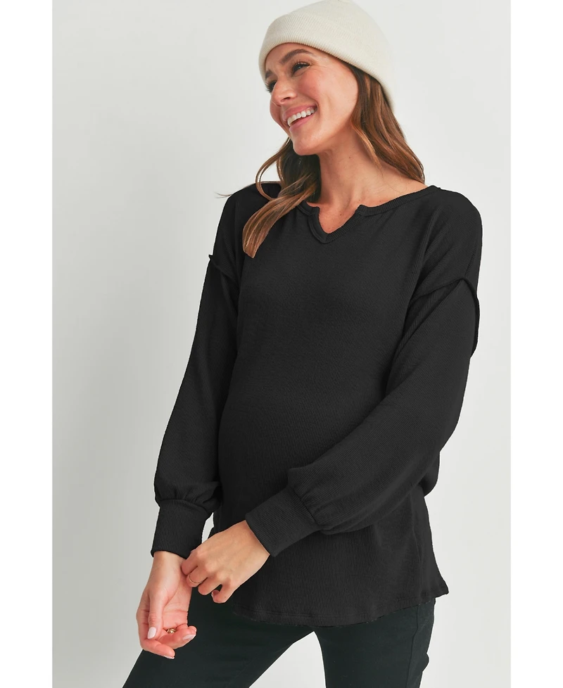 Hello Miz Maternity Ribbed Split Neck Long Sleeve Top