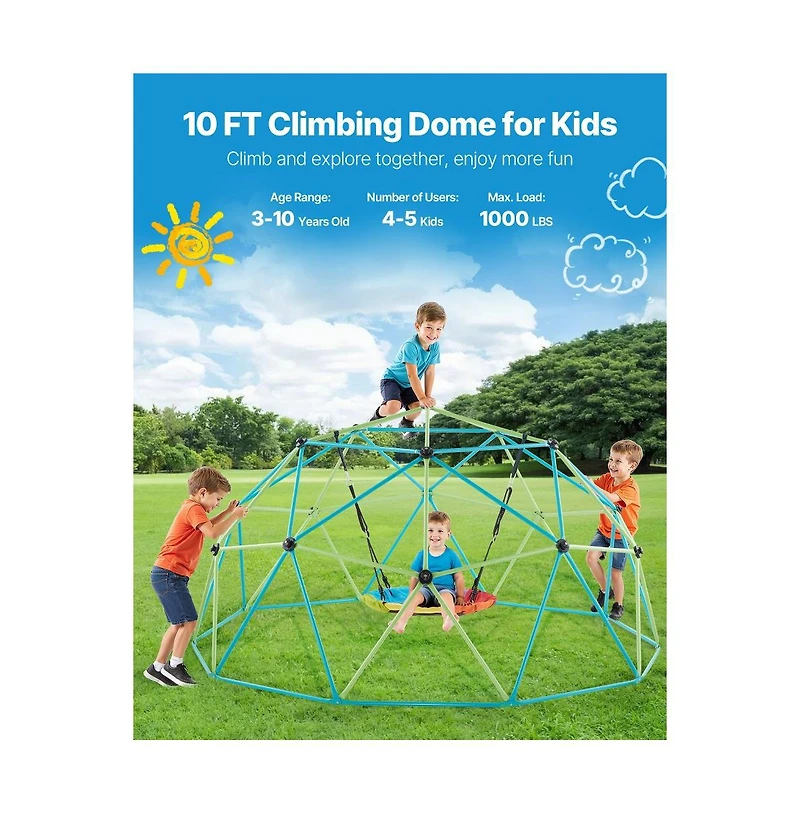 Slickblue Climbing Dome, 10FT Geometric Dome Climber with Saucer Swing