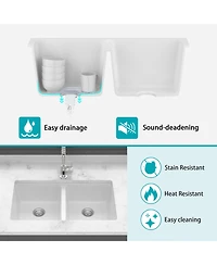 flynama 33x19x10.33inch White Quartz Composite Kitchen Sink Double Bowl Undermount