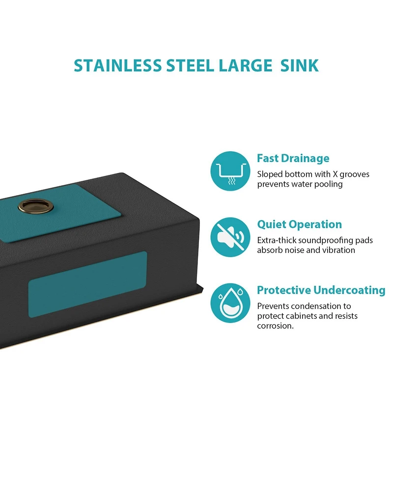 flynama 33x19x9inch Gunmetal Black Undermount Single Bowl Kitchen Sink 16 Gauge T304 Stainless Steel with Drain Assembly