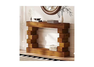 Boyel Living Geometric Block Stacked Wood Console Table with Warm Natural Finish, Entryway Table