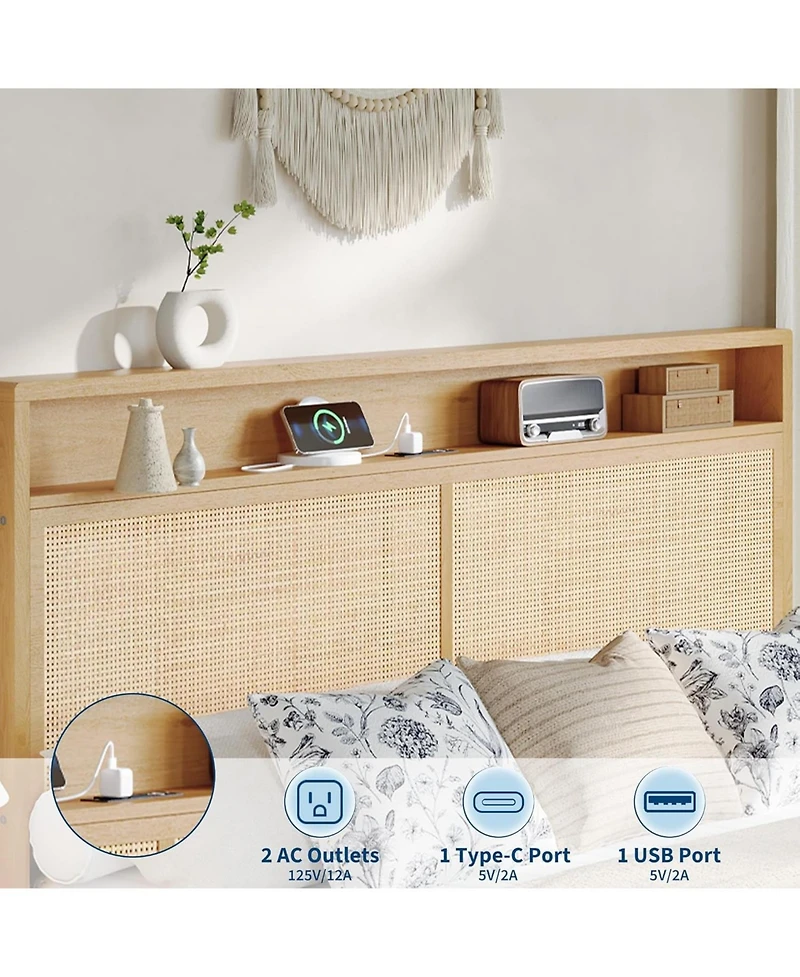 gaomon Rattan Bed Frame with Natural Rattan Headboard