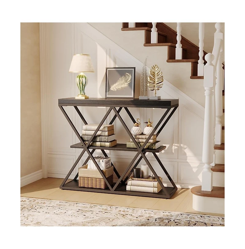 gaomon Industrial 3-Tier Entryway Table with X-Shaped Metal- Warm Rustic Vintage Wood Tone, Double X Metal Frames 2 Shelves, Versatile for Living