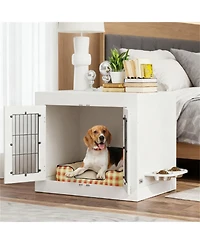 Aostirmotor Dog Crate Furniture with 360° Rotatable Removable Dog Bowls in White