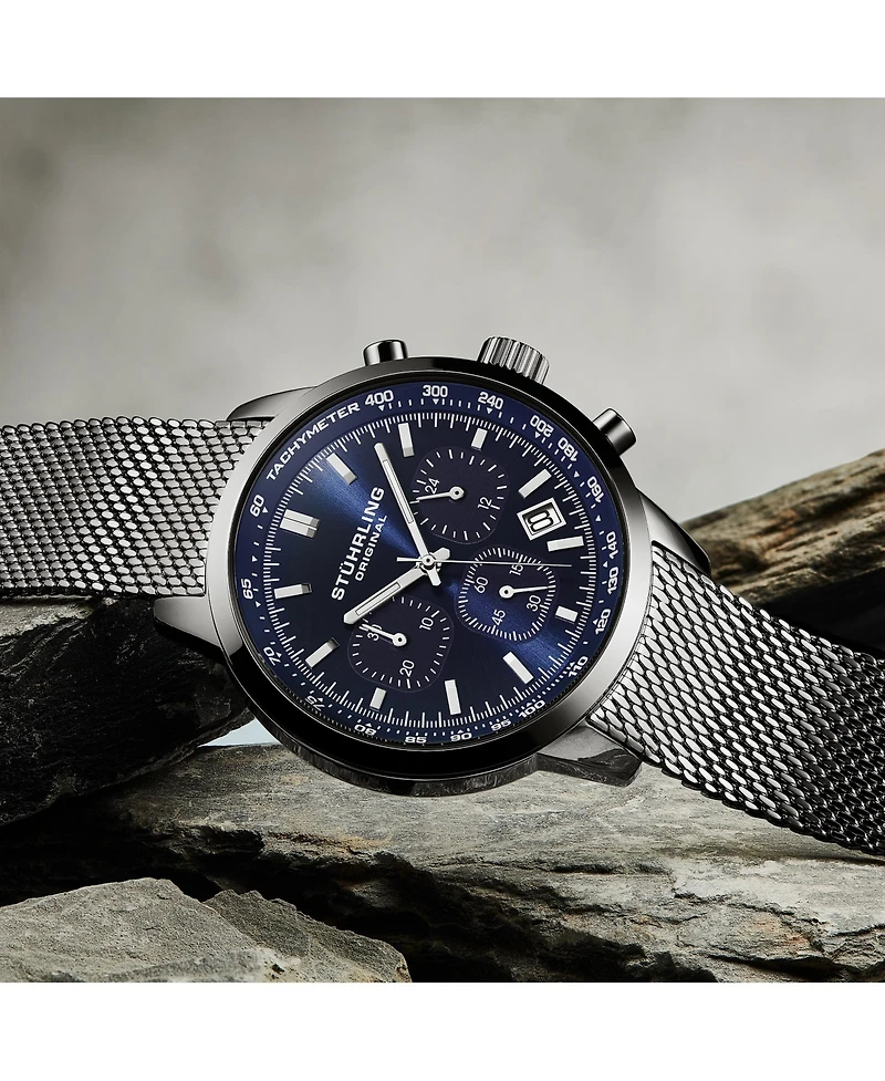 Stuhrling Chronoport 4082 Men s Quartz Chronograph Watch, 44mm Stainless Steel Mesh Bracelet