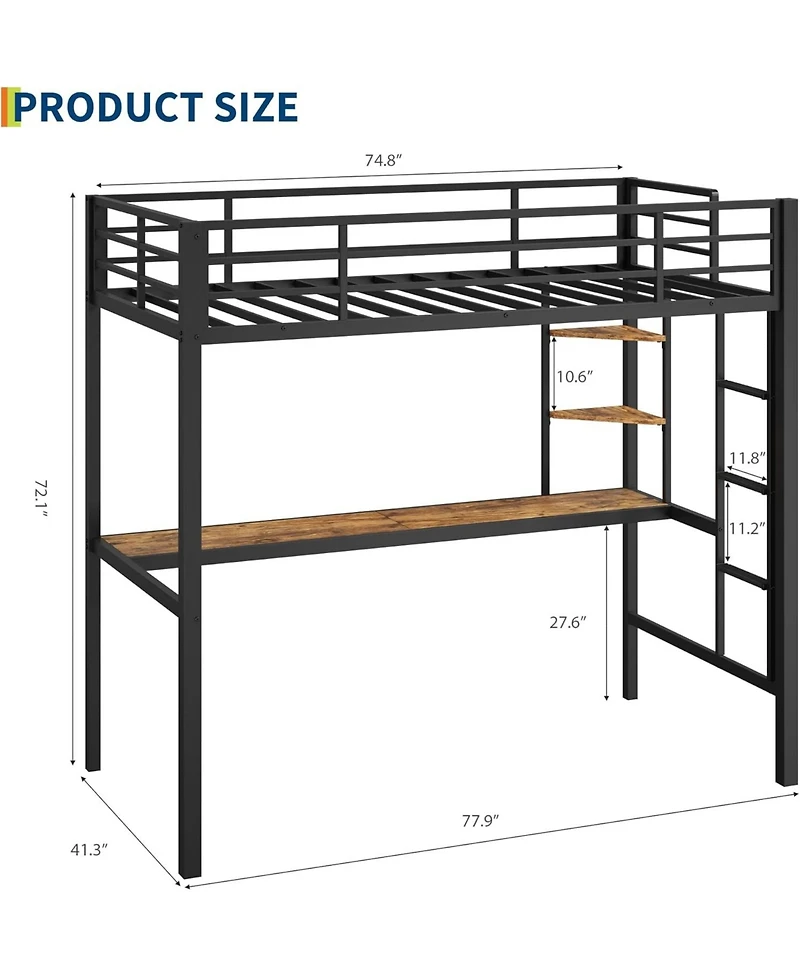 gaomon Loft Bed Twin with Large Desk and 2-Tier Storage Shelves, Heavy Duty Metal Ladder Guardrail