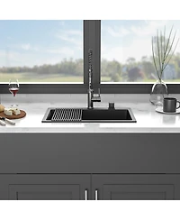 flynama Black Granite Composite Drop In Kitchen Sink with Complete Accessories