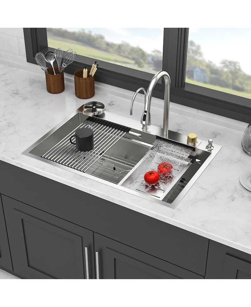 flynama 33x22x10inch 16 Gauge T304 Stainless Steel Drop In Waterfall Workstation Kitchen Sink with Pull Down Faucet and Cup Washer