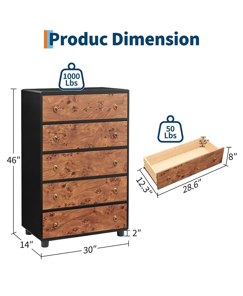 Gaomon 5 Drawers Dresser, 46 in Tall Modern Chest of Drawers with Natural Texture